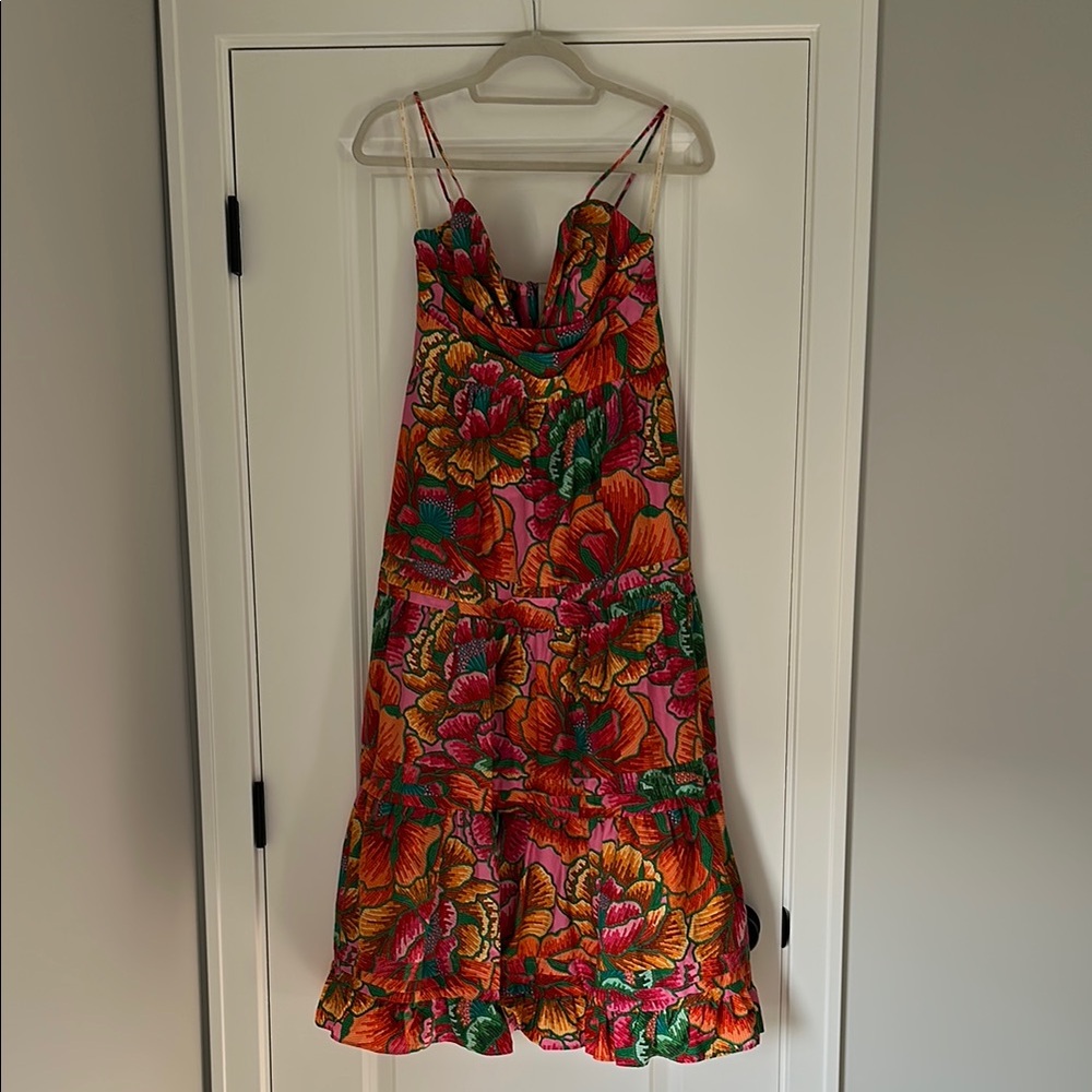 NWT Farm Rio Beaded Floral Tiered Cotton Midi Dress, Size Small